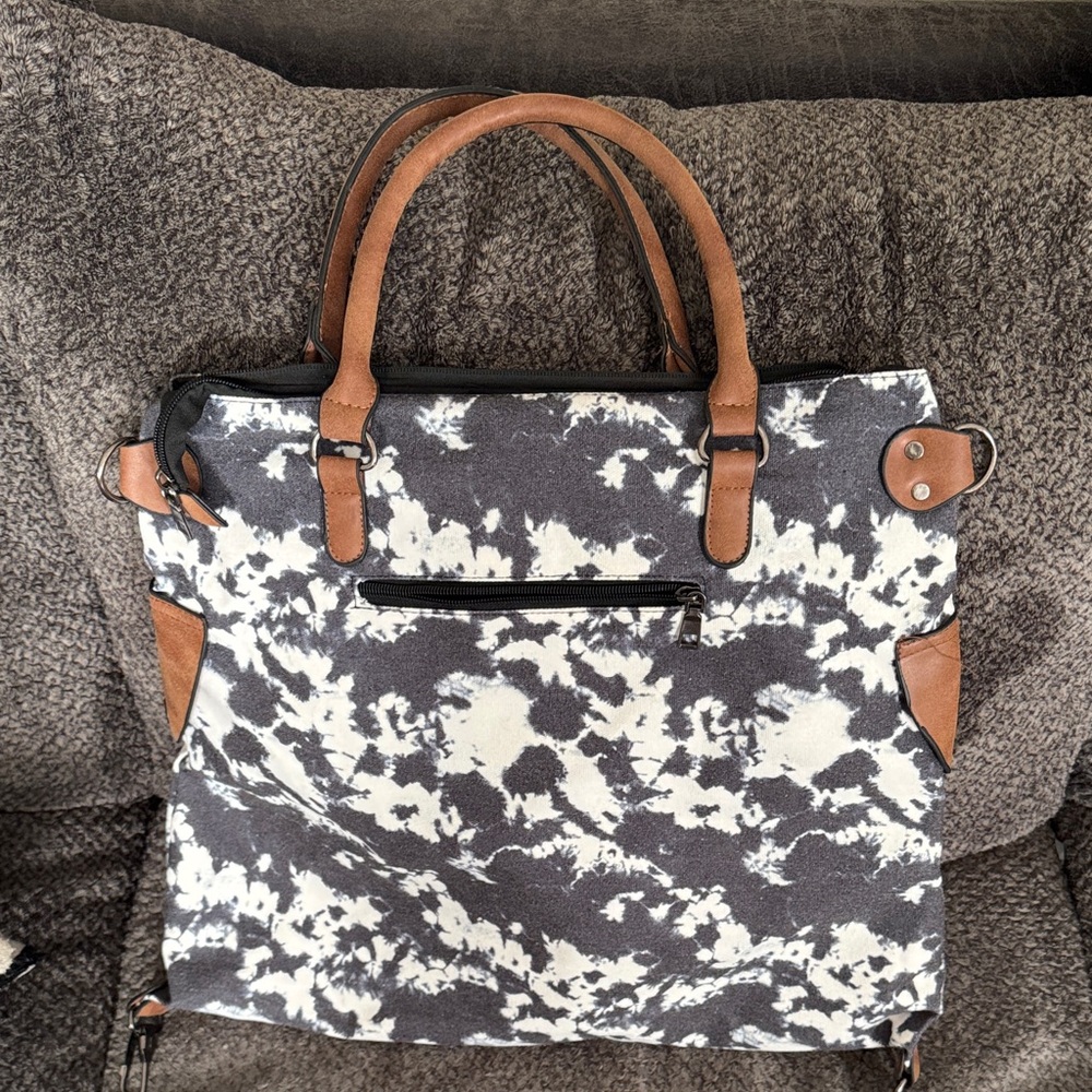 Canvas Cowhide-Print Tote with Tan Leather Trim